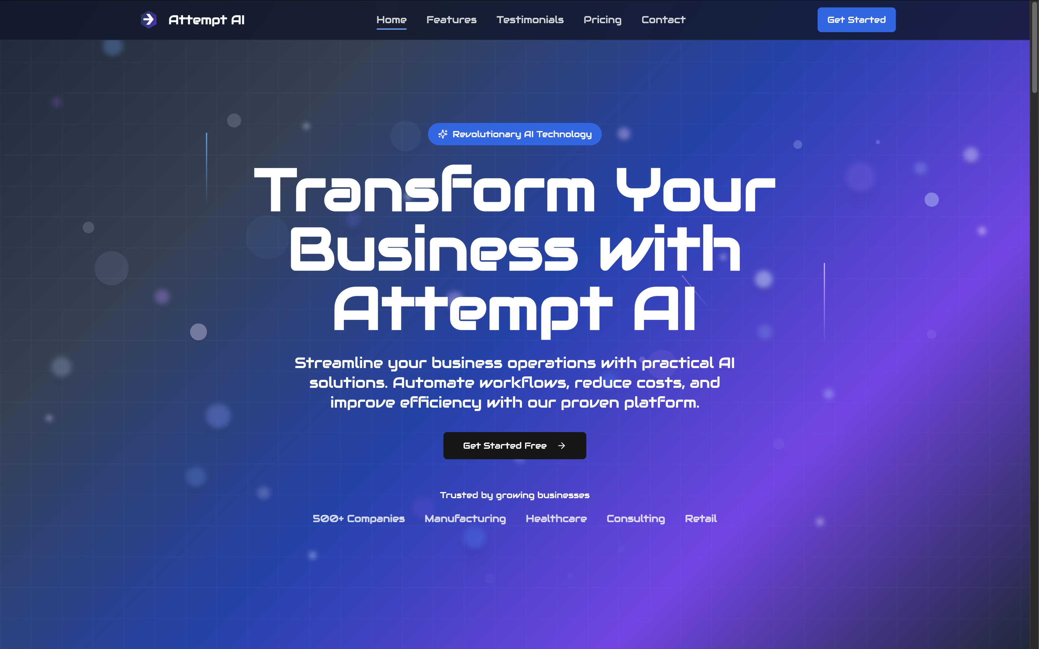 Attempt AI landing page hero with animated background and glowing type