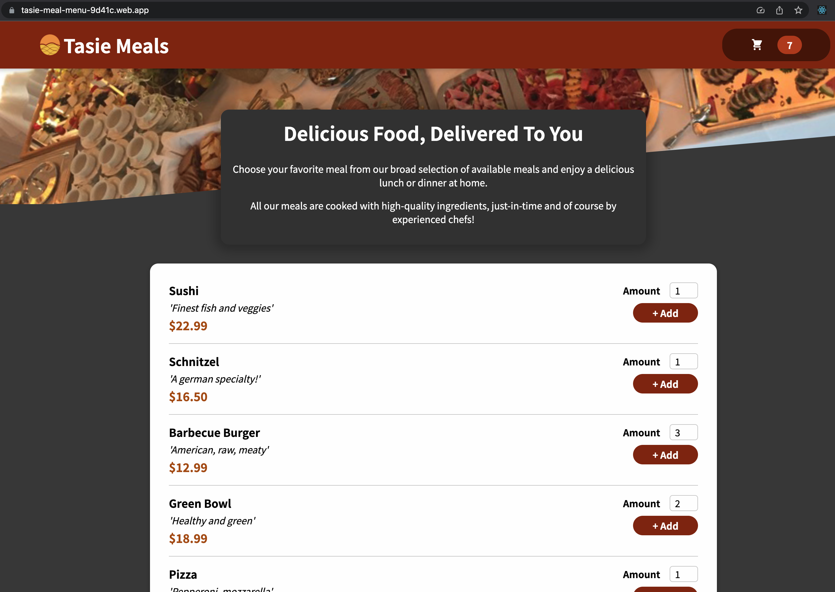 Screenshot of Tasie Meals Order Platform displaying the meal menu